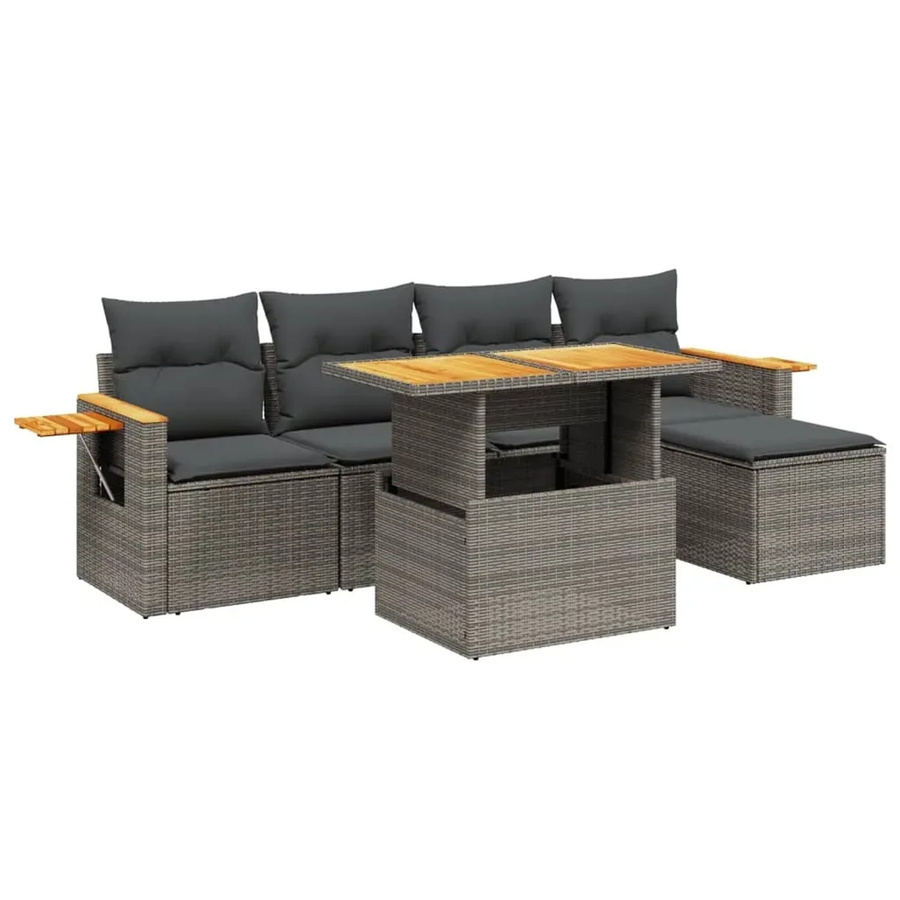 vidaXL 6-teilige Garten-Sofagarnitur aus Poly-Rattan und Akazienholz in Grau mit Kissen - Bild 2