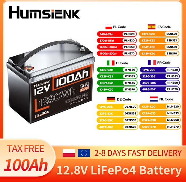 Humsienk 12V 100Ah LiFePo4 Batterie mit 100A BMS-Schutz und Grade A+ Zellen in Schwarz - Bild 1