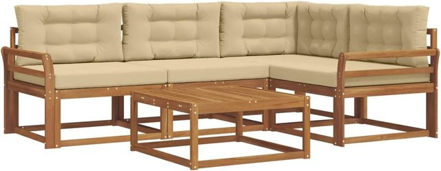 vidaXL Outdoor-Sofagarnitur aus Akazienholz in L-Form mit Kissen, 5-teilig, Natur und Beige - Bild 1