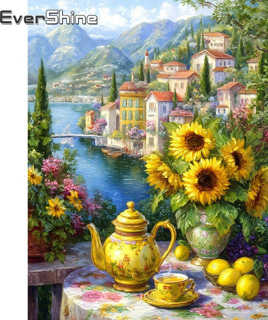EverShine Diamant-Malerei-Set Landschaft mit Haus und Sonnenblumen, DIY Mosaik-Stickerei als Wanddekoration, Mehrfarbig, B/H: 30 x 30 cm - Bild 1
