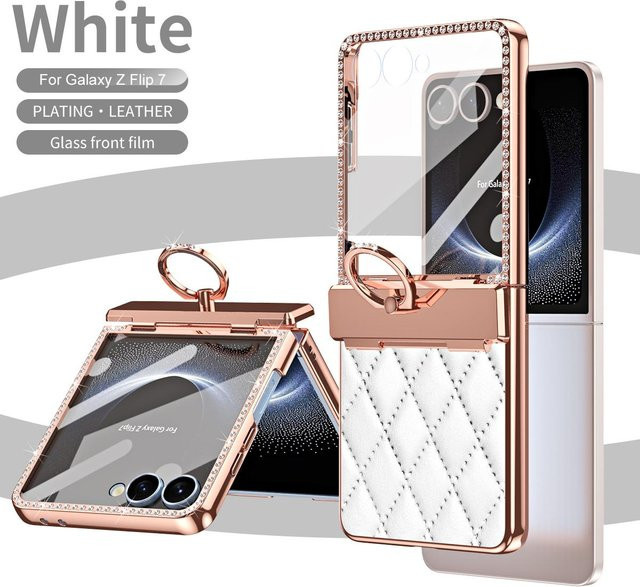 Samsung Galaxy Z Flip 7 Handyhülle aus texturiertem Leder mit Glitzer-Diamant-Effekt und Ring-Aufhängung in Weiß - Bild 1