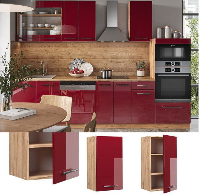 Vicco Hängeschrank Fame-Line Küchenschrank in Bordeaux Rot und Eiche Hochglanz mit Softclose-Scharnieren und Einlegeboden, Breite: 40 cm - Bild 1