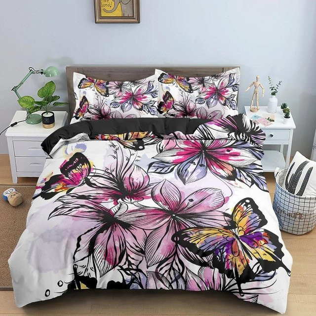 Bettwäsche-Set mit Schmetterlings-Aquarellmuster von Binchi Outdoor Product, bestehend aus Bettbezug und Kissenbezug, Mehrfarbig, B/H: 135 x 200 cm - Bild 1