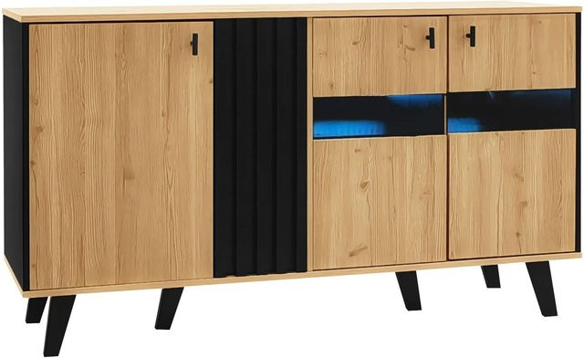 okwish Sideboard in modernem Holzdesign mit integrierter LED-Beleuchtung, Schwarz und Natur, B/H/T: 140 x 78,5 x 41 cm - Bild 1