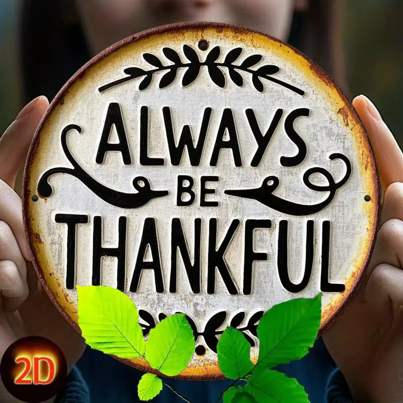 Potdemiel Metallwandschild Always Be Thankful in Weiß mit rustikalem Weihnachtskranz-Design, Durchmesser: 20,32 cm - Bild 3