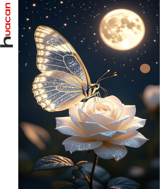 Huacan Diamantgemälde Set mit Schmetterling, Rose und Mond in Multicolour, Rundes Diamant-Mosaik-Bild aus Strasssteinen - Bild 1
