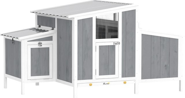 PawHut Hühnerstall aus Holz in Grau mit Freilaufgehege, Nistkasten und wetterfestem PET-Dach für 3-4 Hühner, B/T/H: 145 x 90 x 92 cm - Bild 1