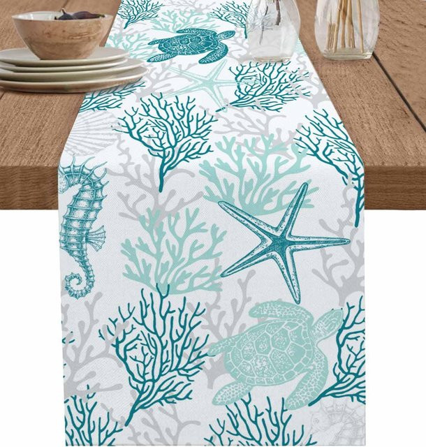 JINGYUE Pet Tischläufer aus Leinen mit Meereskröten-Motiv in Blau, B/T: 150 x 33 cm - Bild 1
