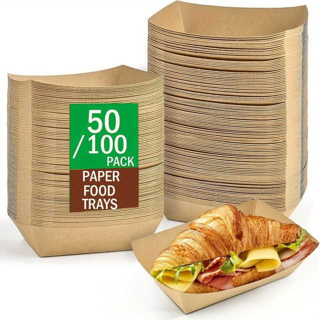 100 Stück Einweg Kraftpapier Tabletts in Braun für Snacks, Pommes und BBQ Party-Geschirr - Bild 1