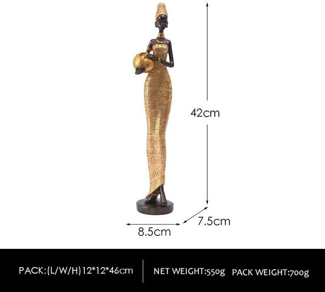 Yiran Furniture Skulptur Exotische Schwarze Frau im Ethno-Stil aus Kunstharz, Schwarz, Weiß und Gold - Bild 1