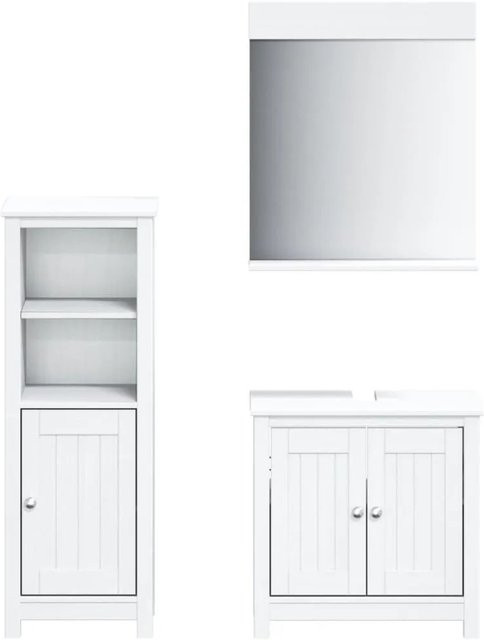 vidaXL Badmöbel-Set BERG in Weiß, 3-teilig aus Massivholz Kiefer mit Waschtischunterschrank, Hochschrank und Spiegelschrank im rustikalen Design - Bild 1