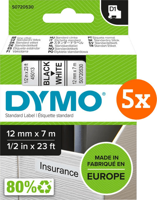 DYMO D1 Etiketten Schwarz-Weiß Multipurpose 12 mm x 7 m 5er-Pack - Bild 1