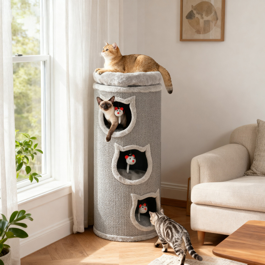 PawHut Kratztonne Grau von Aosom mit Katzenhöhle und abnehmbarem Plüschbett, dreistöckiger Kratzbaum für Katzen unter 6 kg, Höhe: 96 cm, Durchmesser: 38 cm - Bild 2