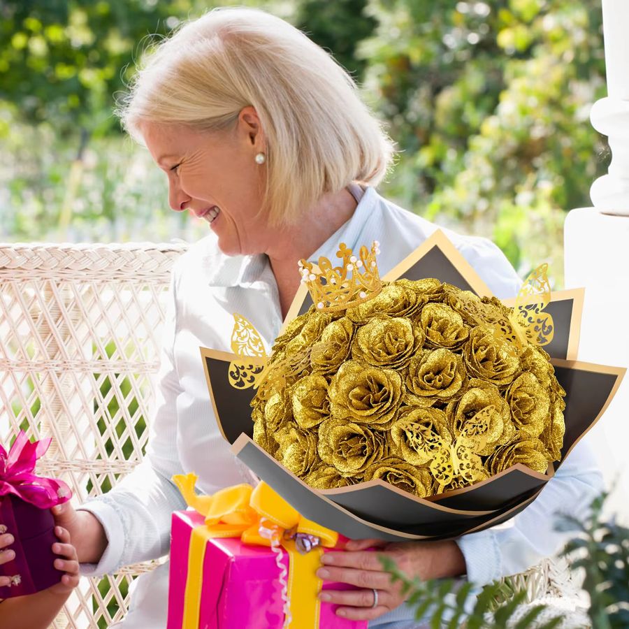 12 Stück glitzernde künstliche Rosen von MUFU in Gold für DIY-Blumensträuße und Dekorationen zu Hochzeit, Jahrestag oder Valentinstag - Bild 3