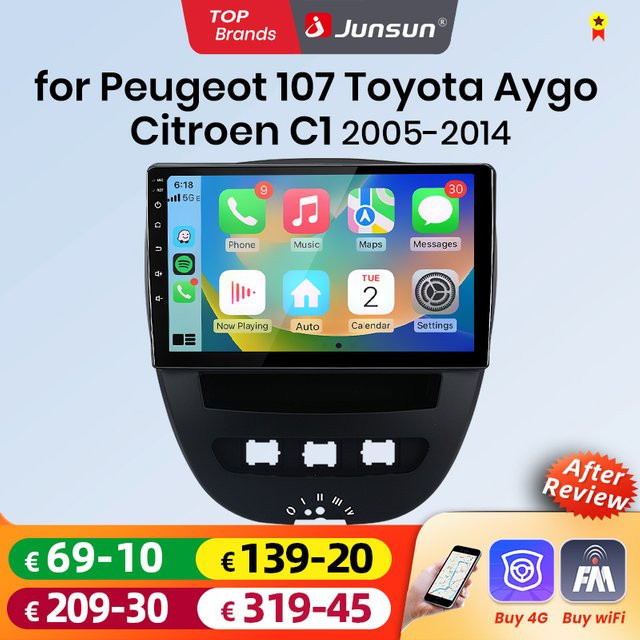 Junsun Android Auto Autoradio mit 10.0 Zoll IPS Touchscreen und Wireless Apple CarPlay für Peugeot 107, Toyota Aygo und Citroen C1 (2005-2014), Schwarz, 2 Din Multimedia Head Unit - Bild 1