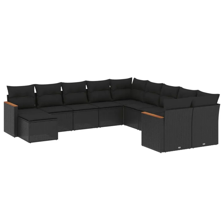 vidaXL 11-tlg Garten-Sofagarnitur in U-Form aus Polyrattan und Akazienholz mit Kissen in Schwarz - Bild 2