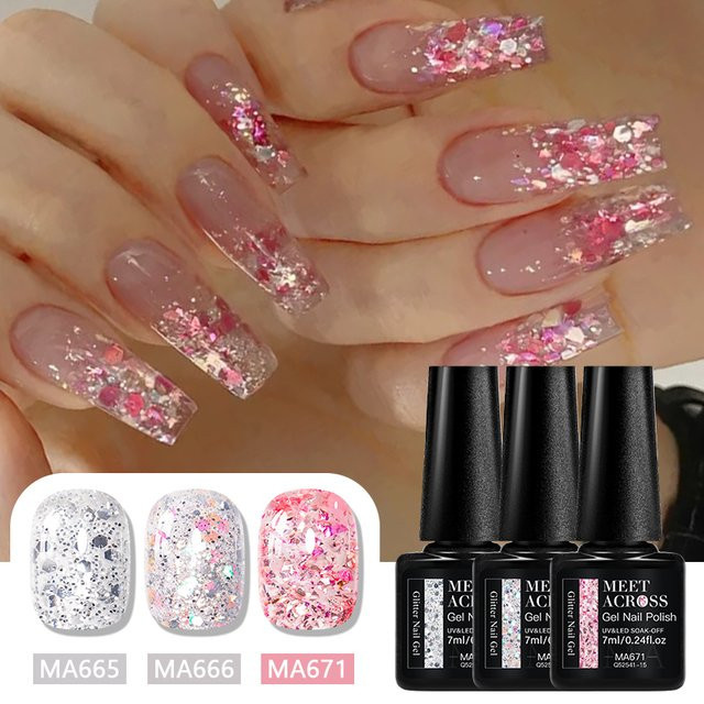 MEET ACROSS 3-teiliges Glitzer-Pailletten-Gel-Nagellack-Set, Schimmernd - Bild 1