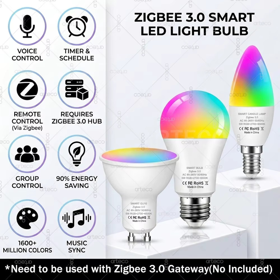 Arteco Zigbee 3.0 Smart LED-Glühbirne RGBW, dimmbar, kompatibel mit Alexa und Yandex Alice, Multicolor - Bild 3