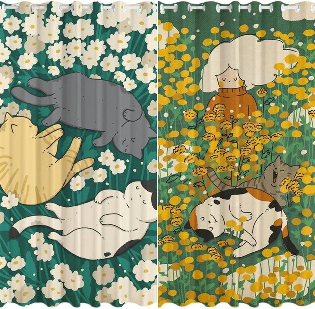 Yiran Furniture Verdunkelungsvorhang mit Katzen- und Hunde-Cartoon-Motiv und Blumenmuster, Mehrfarbig, B: 55 cm, H: 120 cm - Bild 1