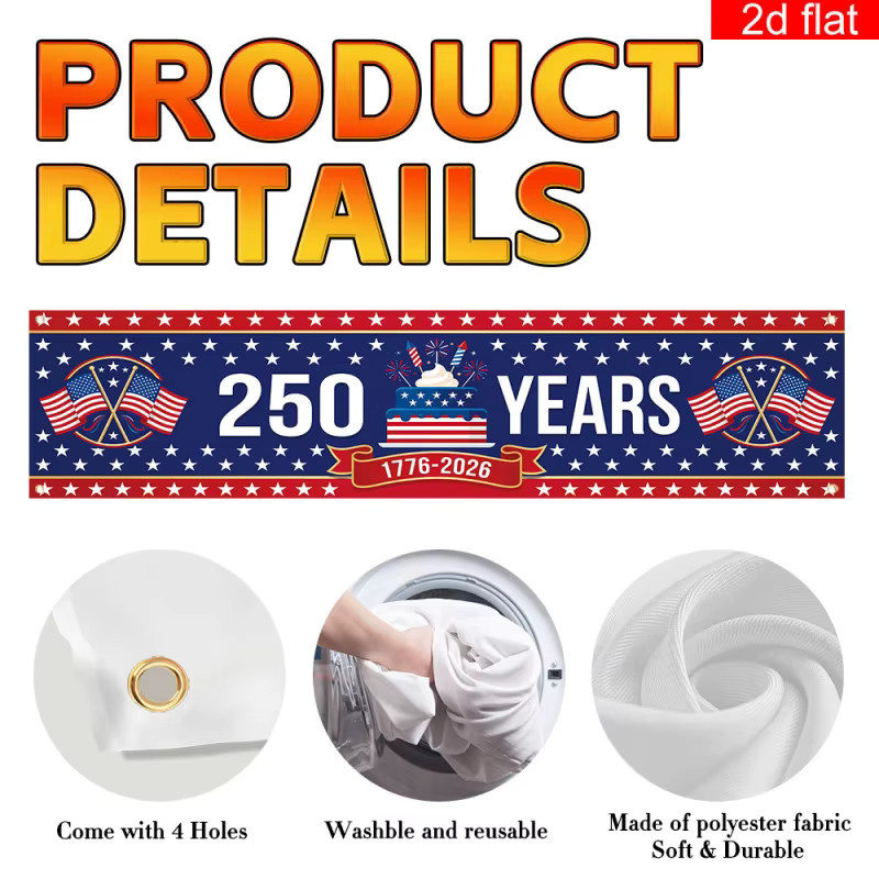 VIKAMA USA Patriotisches Banner zum 250. Jahrestag 1776-2026 für die Outdoor-Garten-Dekoration, Mehrfarbig, B: 180 cm, H: 35 cm - Bild 6