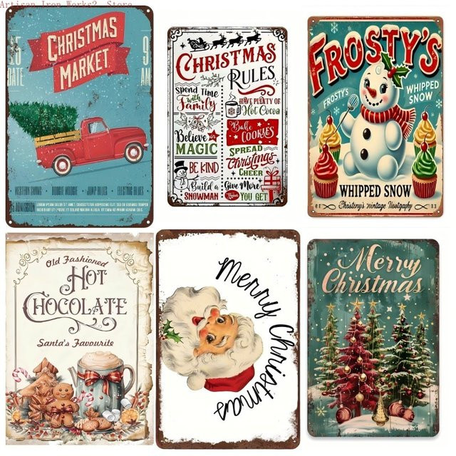 6er Set Potdemiel Weihnachts Blechschilder im Retro-Stil, handgefertigte Metalldekoration für Wandkunst in Mehrfarben - Bild 1