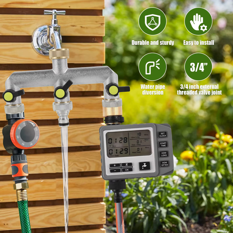 3-Wege-Schlauchverteiler aus Zinklegierung in Silber mit 3/4 Zoll Gartenarmatur und individueller Durchflusssteuerung - Bild 3