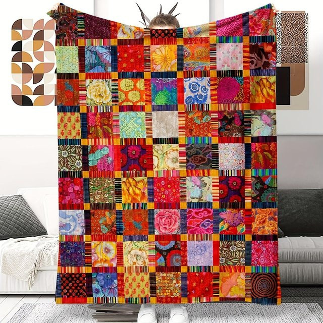 JMG Household Supplies Vintage Patchwork Überwurfdecke aus Flanell-Fleece, Mehrfarbig, B/T: 150 x 180 cm - Bild 1