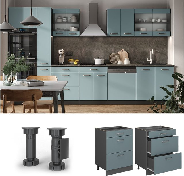 Vicco Küchenunterschrank R-Line mit Schubladen Blau Matt, Breite: 60 cm - Bild 1
