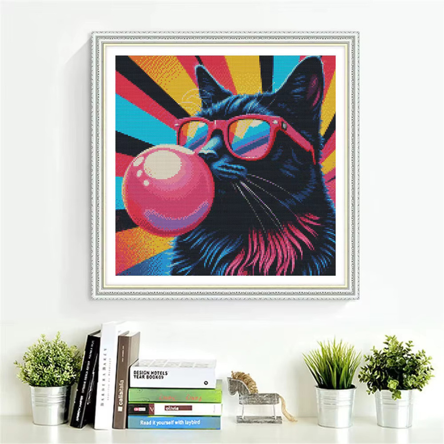 HUACAN Kreuzstich-Set Katze mit Ballon, bedruckte Leinwand für Wanddekoration, Mehrfarbig - Bild 3