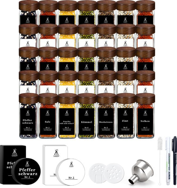 SAEIV Quadratische Gewürzgläser aus Glas mit Akazienholzdeckel, transparent, 120 ml pro Behälter, luftdicht und auslaufsicher, BPA-frei - Bild 1