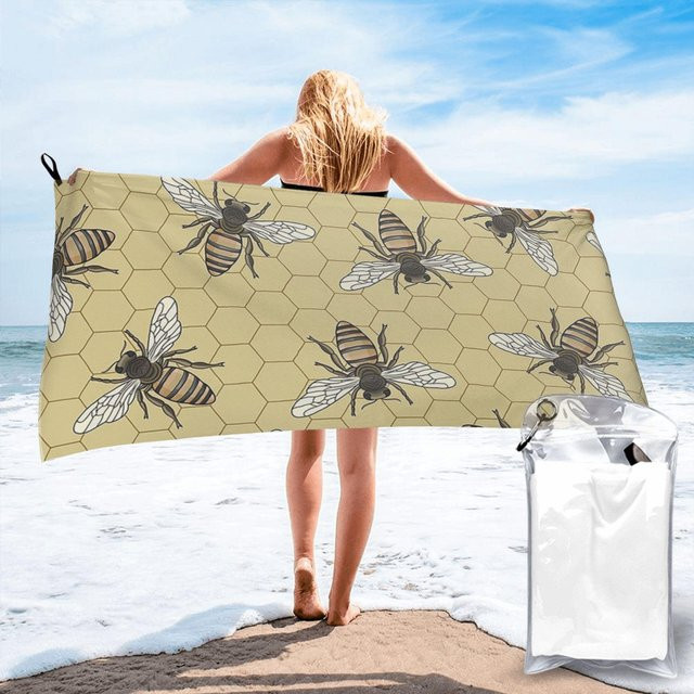 Strandtuch mit Bienen-Muster aus weicher Mikrofaser, schnelltrocknend und saugfähig, Farbe: Weiß, B/H: 30 x 60 cm - Bild 1