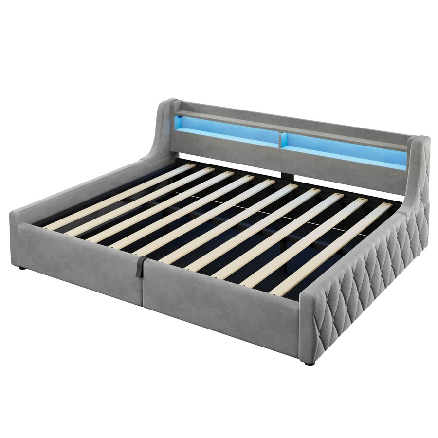 Merax Samtbett mit Stauraum und LED-Beleuchtung in Grau, B/T/H: 140 x 200 x 155 cm - Bild 2