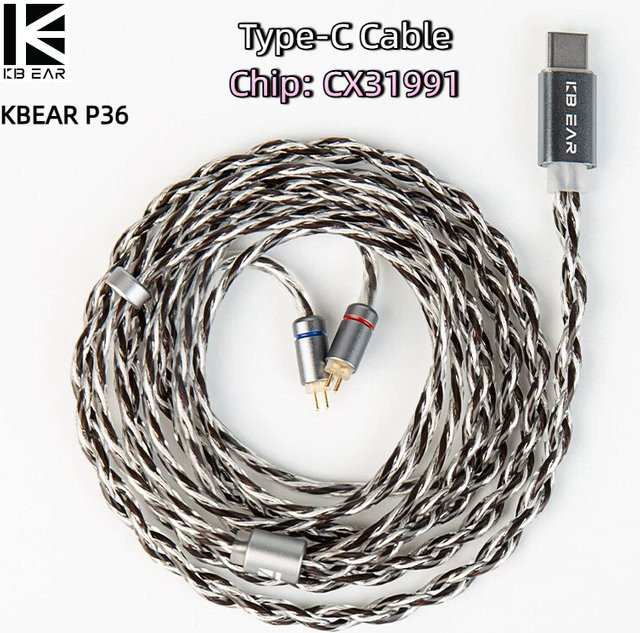 KBEAR P36 2-adriges HiFi-Kopfhörerkabel aus versilbertem OFC mit 0,78 2PIN und USB-C Anschluss in Silber/Weiß für In-Ear Monitore wie KZ ZS12 Pro und ZS12 Pro2 - Bild 1
