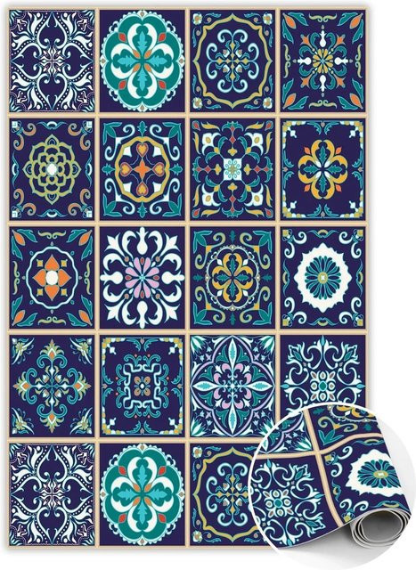 Tulup Teppich Portugiesisches Fliesen-Design in Blau, Rechteckiger Vinyl-Teppich mit Mosaik-Optik, B/H: 60 x 90 cm - Bild 1