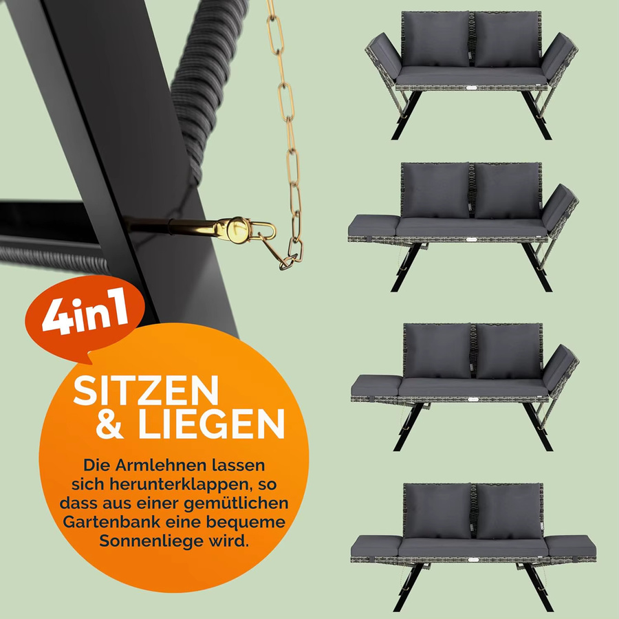 Homfa Gartenbank aus Rattan mit verstellbaren Armlehnen und dunkelgrauen wetterbeständigen Kissen für Garten und Terrasse - Bild 5