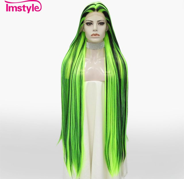 Imstyle Perücke, Synthetische Lace Front, Fluoreszierend Grün Gemischt Schwarz, Glattes Haar - Bild 1