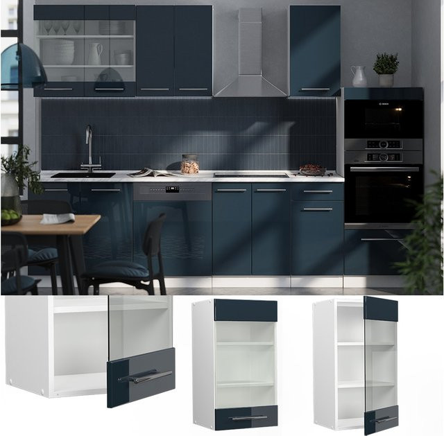 Vicco Glashängeschrank Fame-Line Küchenschrank mit Glastüren in Weiß und Dunkelblau Hochglanz - Bild 1