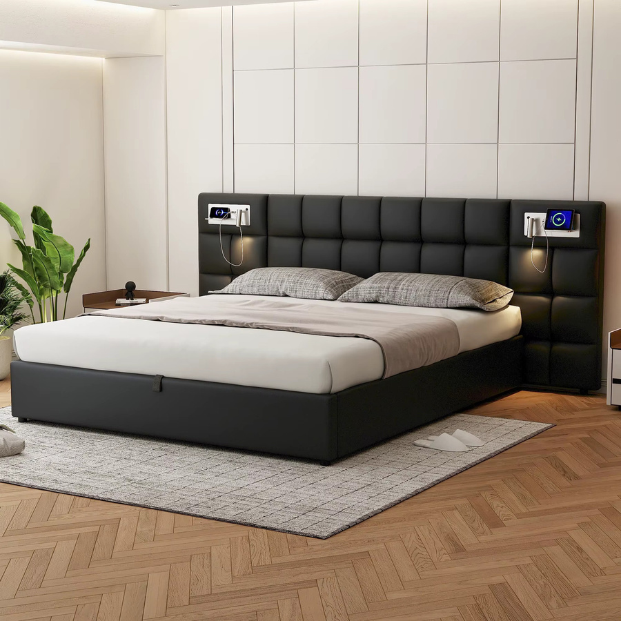 KOMHTOM Polsterbett mit Hydraulik-Stauraum, USB-Anschluss und kabellosem Laden, B/T: 180 x 200 cm, Grau/Schwarz - Bild 3