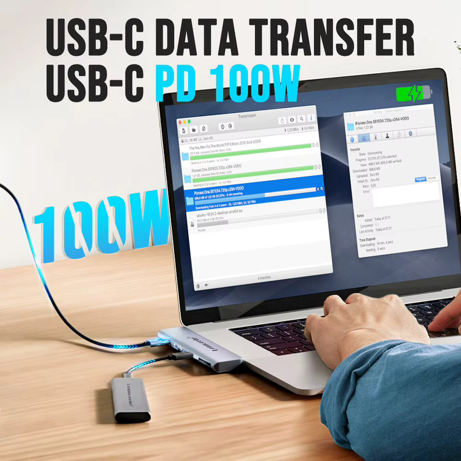 Lemorele 7-in-2 USB-C Hub Multi USB Splitter Adapter mit HDMI 4K, TF, SD und USB 2.0 sowie PD 60W Ladefunktion in Silber für MacBook und Laptop - Bild 5