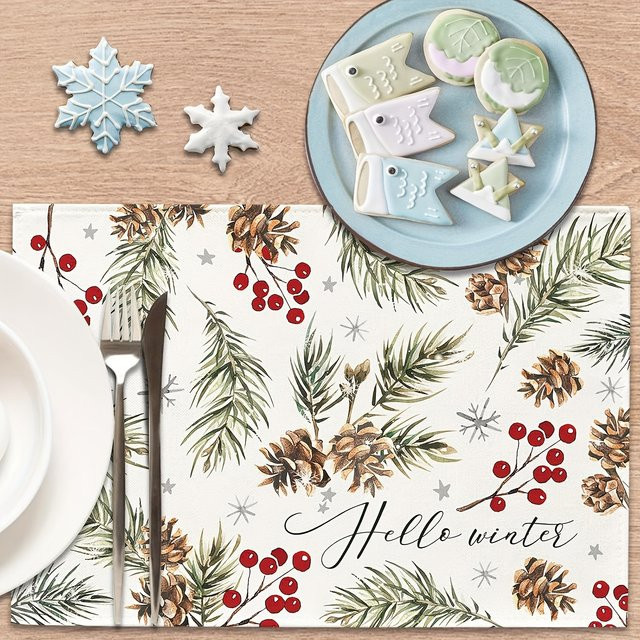 VIKAMA Hello Winter Tischsets aus Leinen, maschinenwaschbare Weihnachts-Esszimmerdekoration - Bild 1