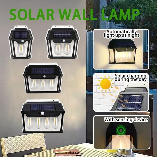 ESMARTER LED Solar Wandlampe mit Filament-Leuchtmittel und Bewegungssensor, Schwarz, Warmweiß - Bild 1
