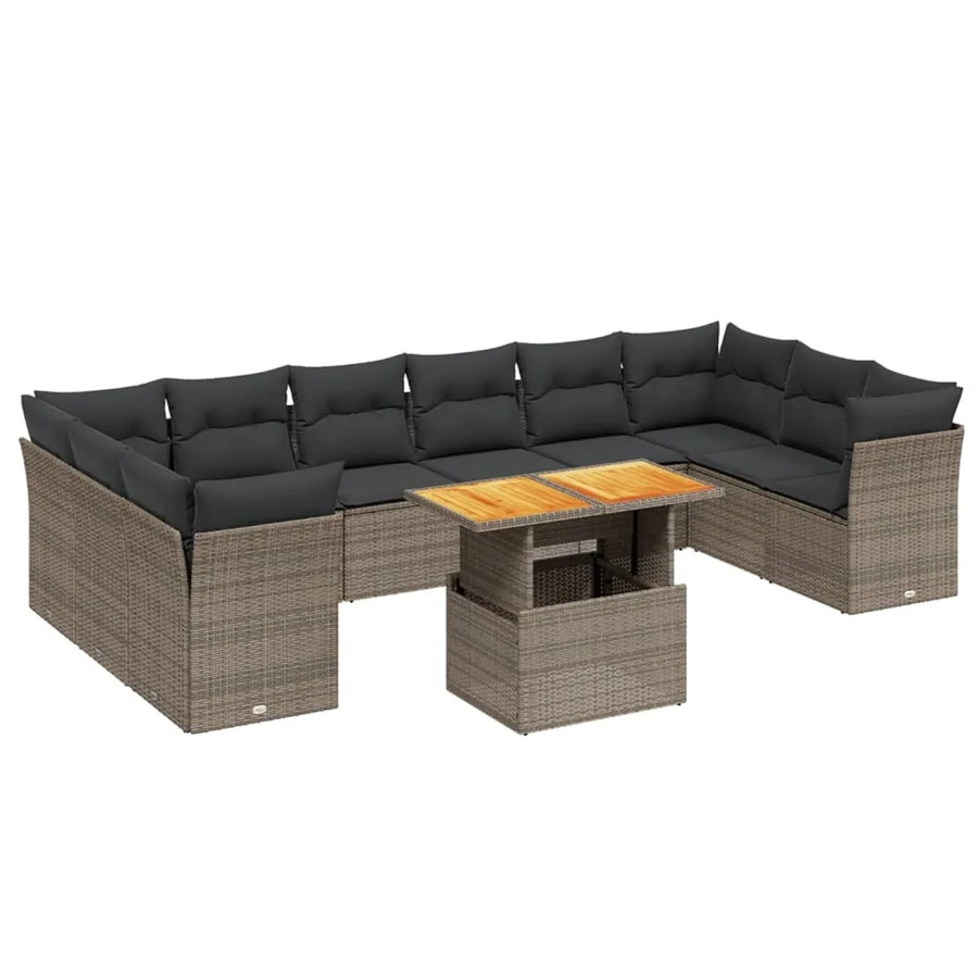 vidaXL 11-teilige Garten-Sofagarnitur aus Polyrattan in Grau mit Kissen und Tisch in L-Form - Bild 2