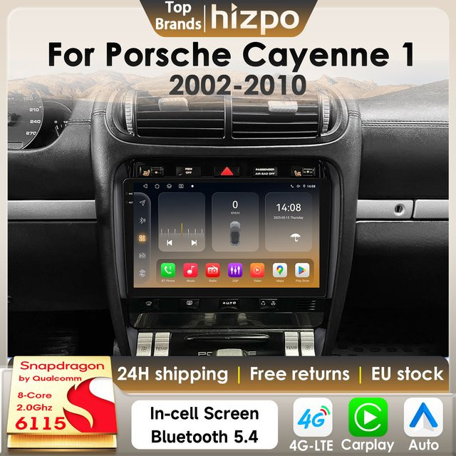 Hizpo Android 14 Autoradio für Porsche Cayenne 1 9PA 2002-2010 mit 8 Kernen, Snapdragon 6115, GPS, 4G, Carplay und 360 Grad Kamera in Schwarz - Bild 1