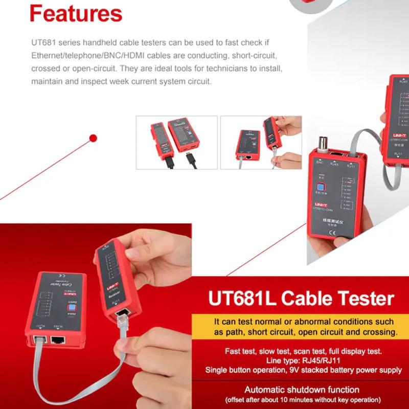 UNI-T UT681L Netzwerk-Tester für RJ45 und RJ11 Kabel mit LED-Statusanzeige in Rot - Bild 3