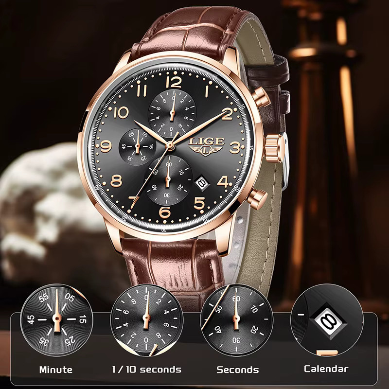 LIGE Chronograph, Quarz, Leder, Schwarz, Herren - Bild 3