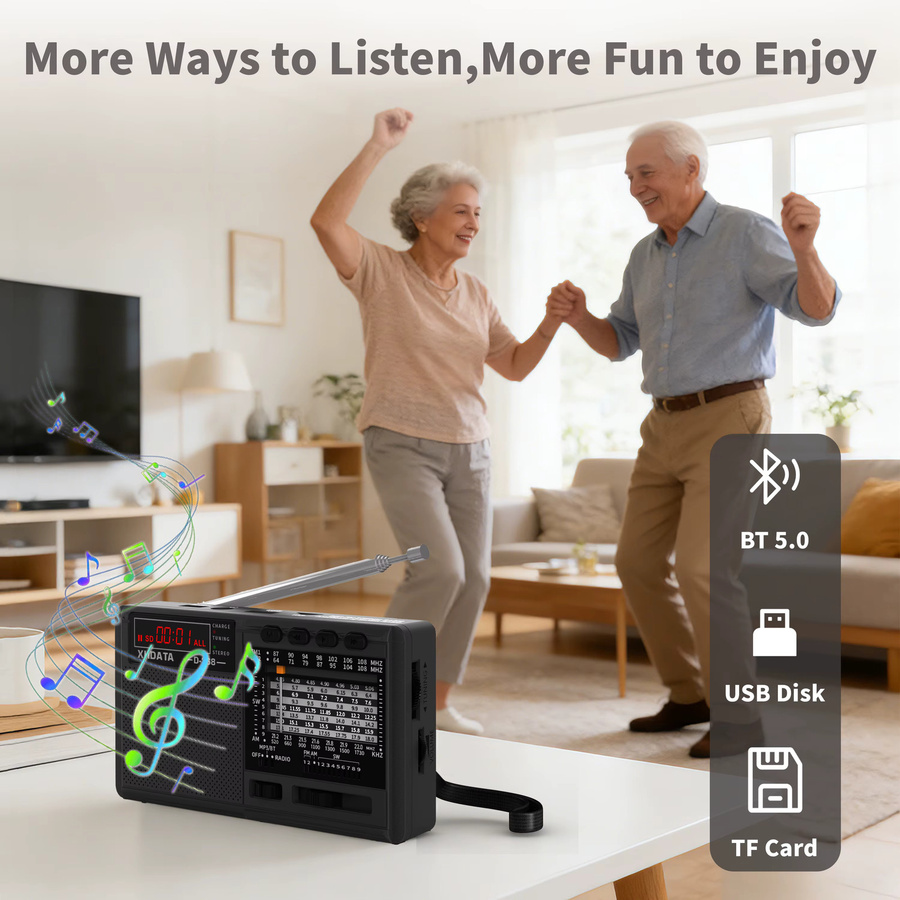 XHDATA D-368/D-328 Tragbares Stereo-Radio mit Bluetooth, FM, AM, SW, MP3-Player, USB und TF-Karte, Schwarz - Bild 4