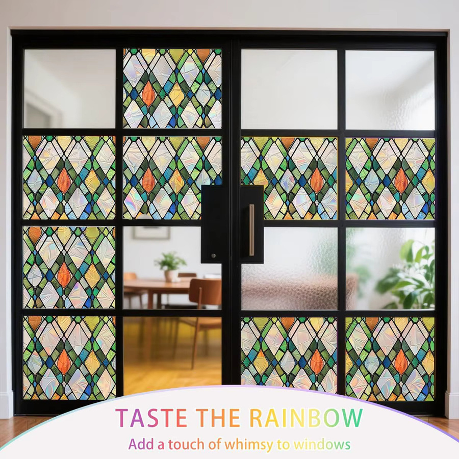 WXSHSH Gitter-Buntglas-Fensterfolie in Regenbogenfarben, statisch haftende dekorative Fensterfolie mit geometrischem Design für Privatsphäre an Fenstern und Türen - Bild 2