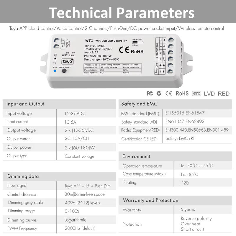 Tuya Smart LED Streifen Controller für 12V 24V mit WLAN und RF Remote, CCT Dimmer kompatibel mit Alexa und Yandex Alice - Bild 4