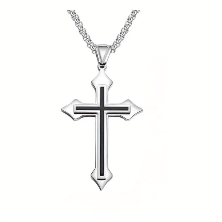 Halskette mit Kreuz Anhänger, Edelstahl, Silber, Unisex - Bild 2