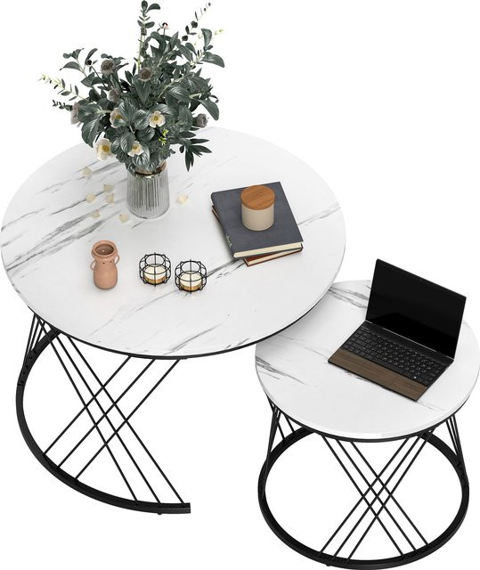 HOMCOM Couchtisch 2er Set in Weiß mit Marmoroptik und Metallrahmen für dein Wohnzimmer oder Schlafzimmer - Bild 1
